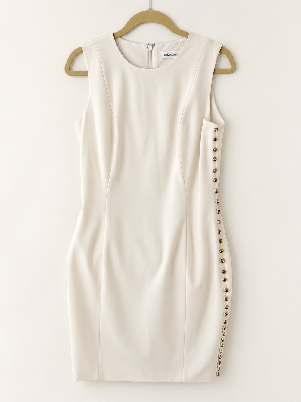 Ivory Sleeveless Sheath Dress with Side Gold Buttons